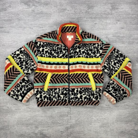 Anthropologie Maeve Lively Abstract Zip Sherpa Fleece Jacket Size Women XS Cozy - Picture 2 of 15